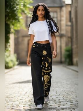 Whimsgoth Celestial Black Sun and Moon Jeans